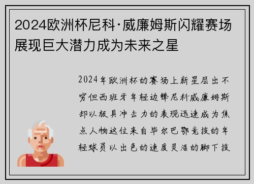 2024欧洲杯尼科·威廉姆斯闪耀赛场展现巨大潜力成为未来之星