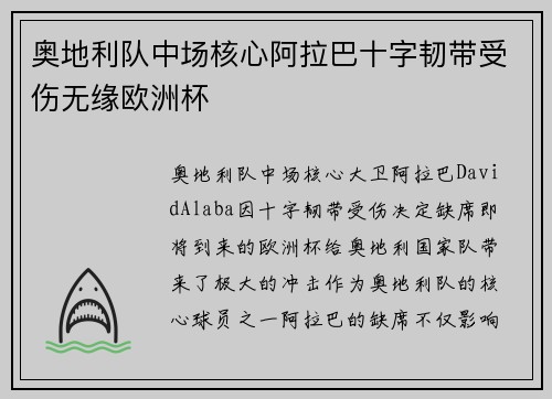 奥地利队中场核心阿拉巴十字韧带受伤无缘欧洲杯