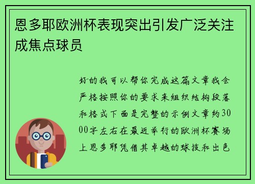 恩多耶欧洲杯表现突出引发广泛关注成焦点球员